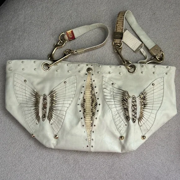 ❗️SOLD❗️ Jimmy Choo Lohla Jane Hobo Bag Ivory Studded Leather Python Snakeskin - Picture 4 of 9